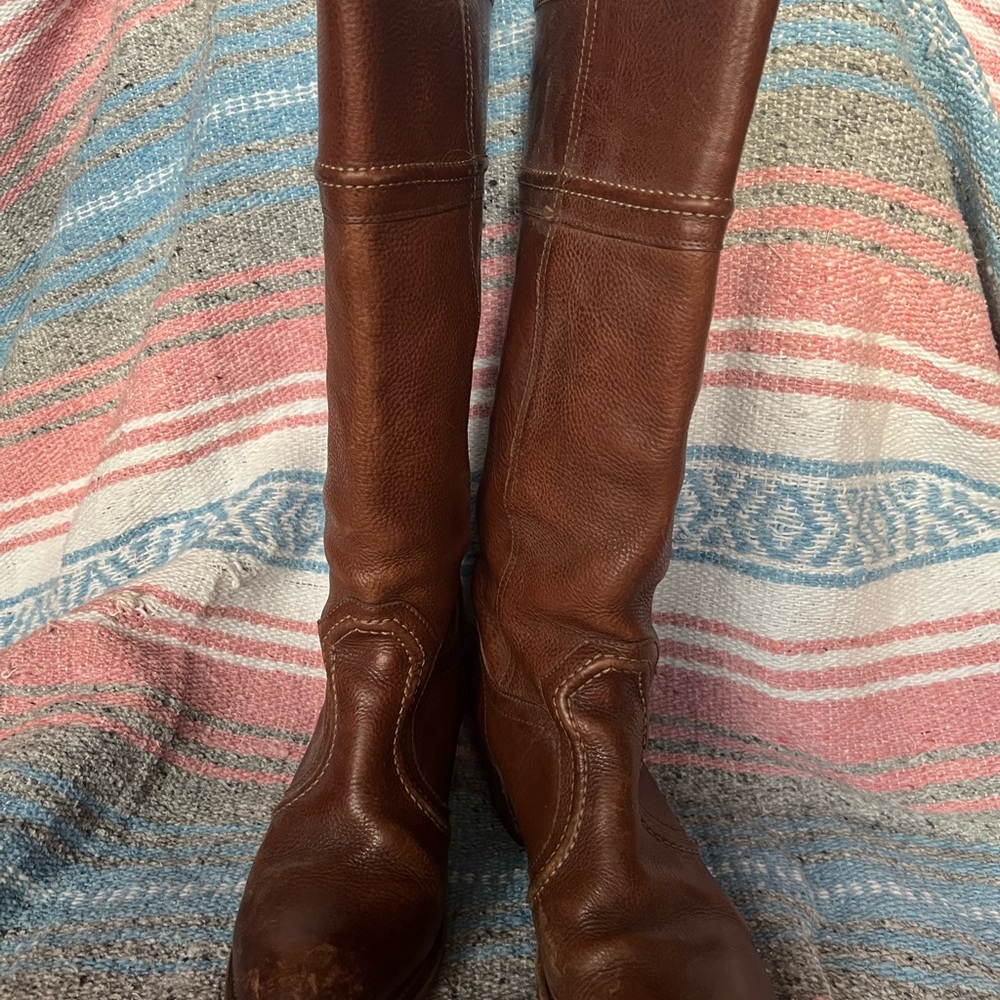 Frye Cognac Brown Leather Heeled Boots 14" Shaft - Picture 4 of 13